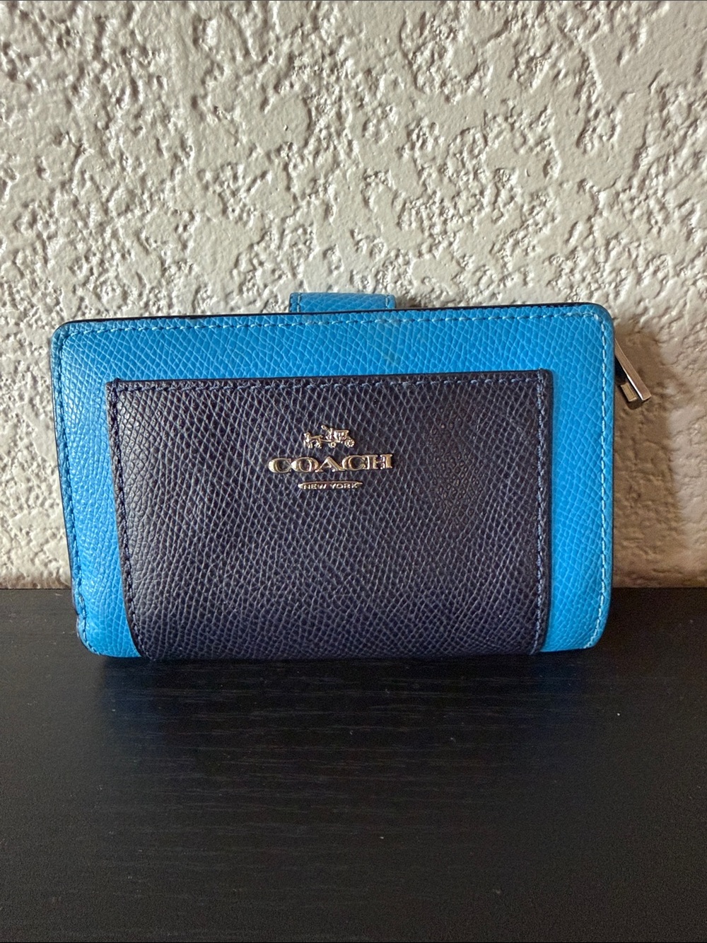 Coach Blue Colorblock Pebbled Leather Compact Wallet